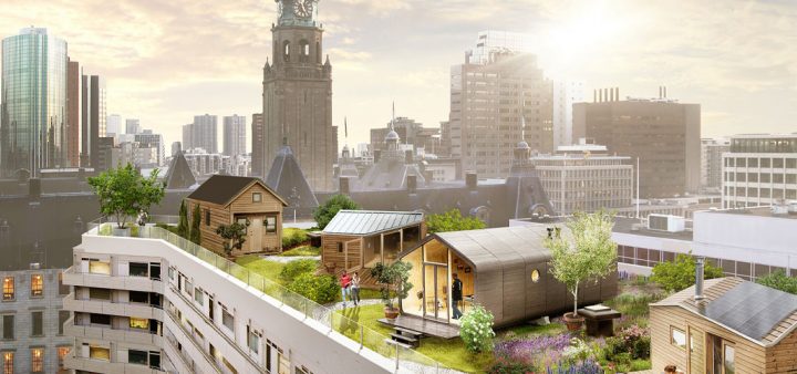 Modelisation 3D d'un toit de Rotterdam sur lequel ont été installées petites maisons d'habitation, pelouses et plantes, avec une vue imprenable sur la métropole.
