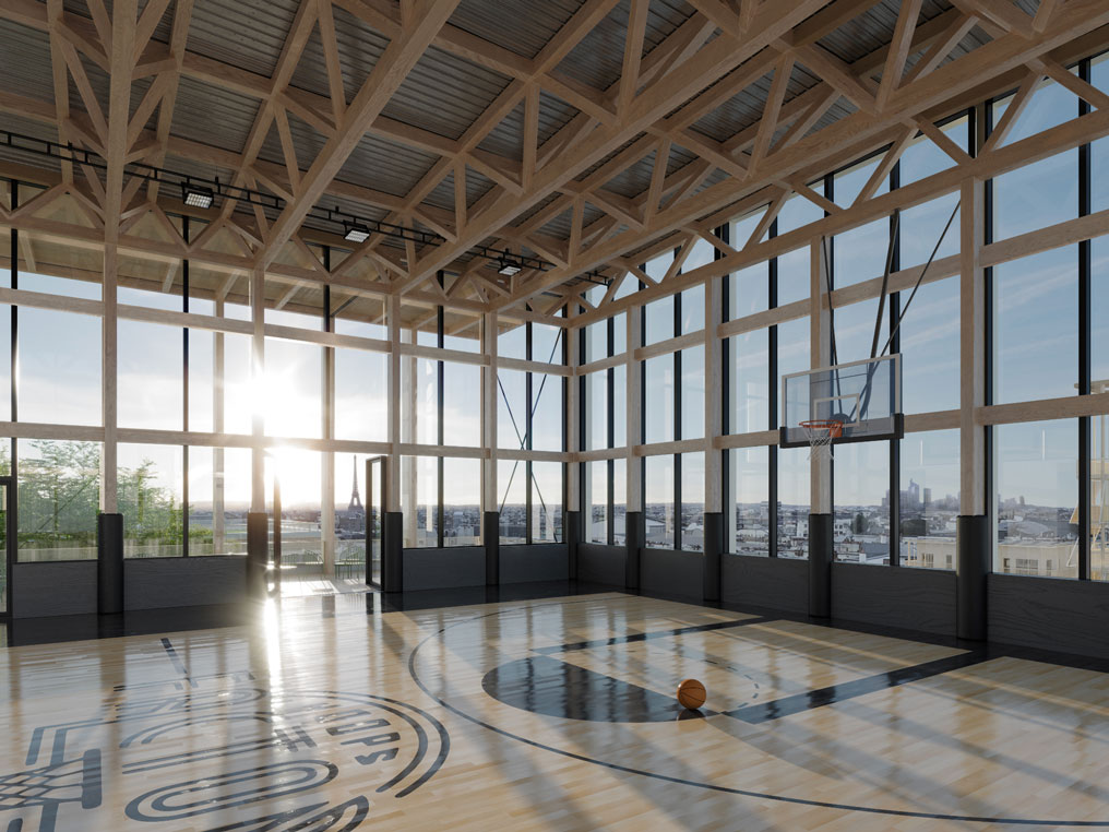 Un terrain de basket en rooftop avec vue sur la tour Eiffel et la Défense pour le village des athlètes des jeux de Paris 2024